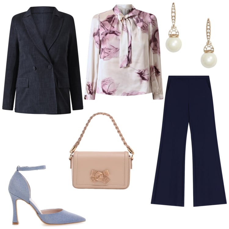 Outfit donna - Total look #2337900. Stile Casual chic per Cerimonia. Abbinamento con pochette, bluse, blazer, pantaloni, orecchini, décolleté.