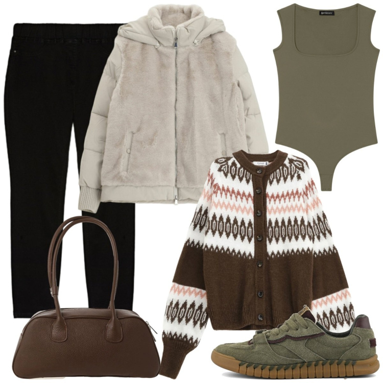 Outfit donna - Tessuti morbidi. Stile Casual chic per Tutti i giorni. Abbinamento con jeggings, borse a mano, guanti, cardigans, body, sneakers.