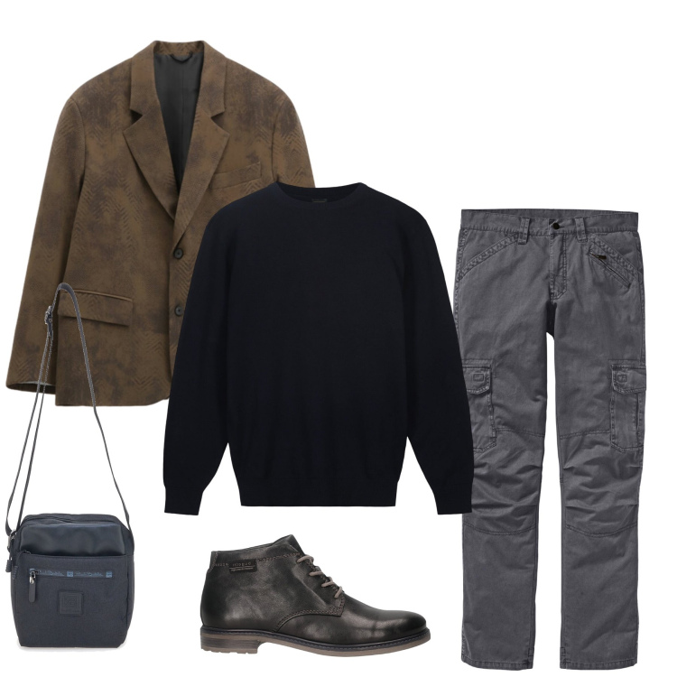 Outfit uomo - Textured Earth & Charcoal Depth. Stile Urban per Tutti i giorni. Abbinamento con pantaloni cargo, giacche, portafogli, maglieria, stivali e stivaletti.