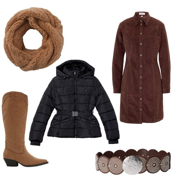 Outfit donna - Total look #2337914. Stile Rock per Ufficio. Abbinamento con vestiti, stivali, piumini, sciarpe, cinture.