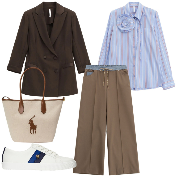 Outfit donna - Total look #2337919. Stile Glamour per Ufficio. Abbinamento con blazer, camicie, pantaloni a palazzo, sneakers, borse tote.