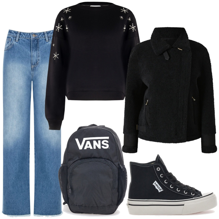 Outfit donna - Total look #2337923. Stile Basic per Scuola/Università. Abbinamento con jeans dritti, felpe, ecopellicce, zaini, sneakers.
