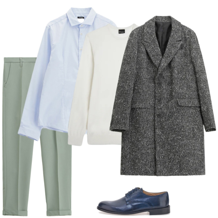 Outfit uomo - Ghiaccio. Stile Trendy per Ufficio. Abbinamento con cappotti, camicie, pantaloni, maglieria, scarpe stringate.