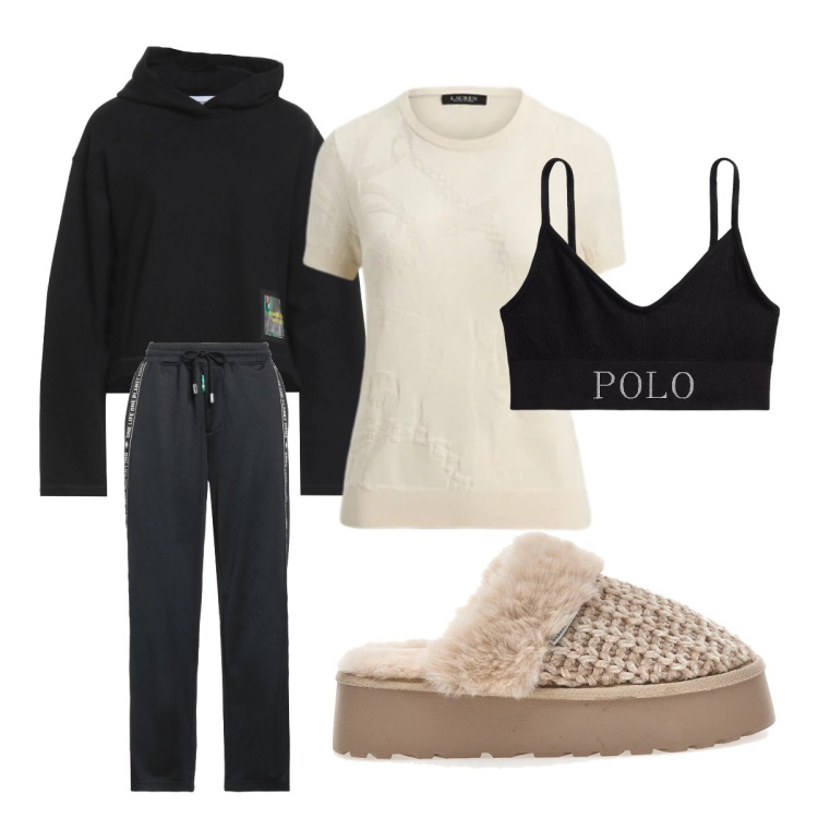 Outfit donna - Homewear. Stile Sporty chic per Tutti i giorni. Abbinamento con pantaloni sportivi, felpe con cappuccio, reggiseni, t-shirt, pantofole.