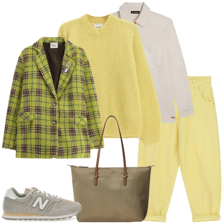 Outfit donna - Ispirazione giallo. Stile Casual per Scuola/Università. Abbinamento con blazer, maglieria, pantaloni, camicie, borse tote, sneakers.