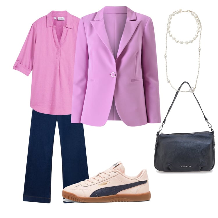 Outfit donna - Rosa orchidea. Stile Basic per Tutti i giorni. Abbinamento con bluse, jeans, blazer, collane, sneakers, borse a spalla.