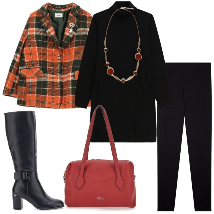 Outfit donna - Total look #2337938. Stile Casual chic per Ufficio. Abbinamento con vestiti corti, cappotti, leggings, collane, stivali sopra il ginocchio, borse a spalla.