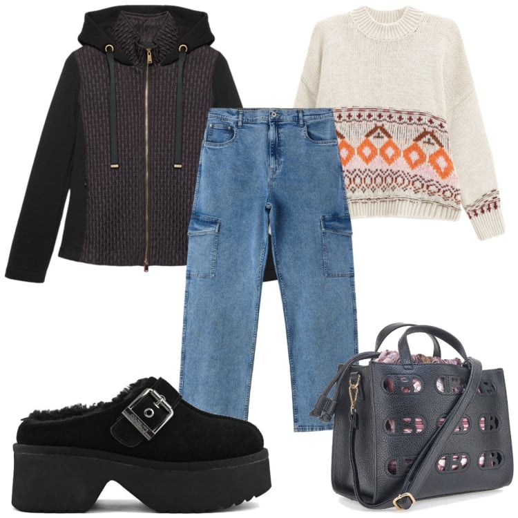 Outfit donna - Total look #2337943. Stile Trendy per Tutti i giorni. Abbinamento con blazer, jeans dritti, maglieria, borse a mano, sabot.