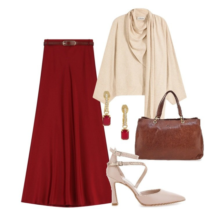 Outfit donna - Office. Stile Chic per Ufficio. Abbinamento con maglieria, gonne lunghe, orecchini, décolleté, borse a tracolla.