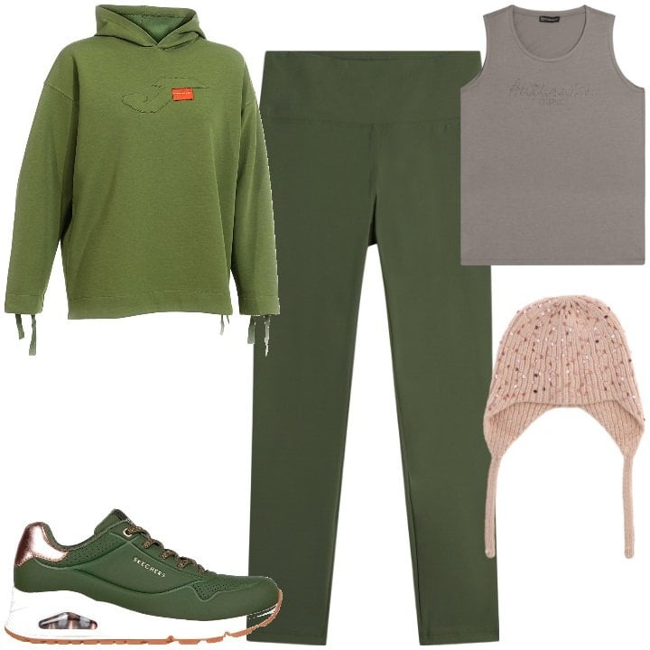 Outfit donna - Sporty. Stile Sporty chic per Sport. Abbinamento con berretti, leggings, canottiere, sneakers, felpe con cappuccio.