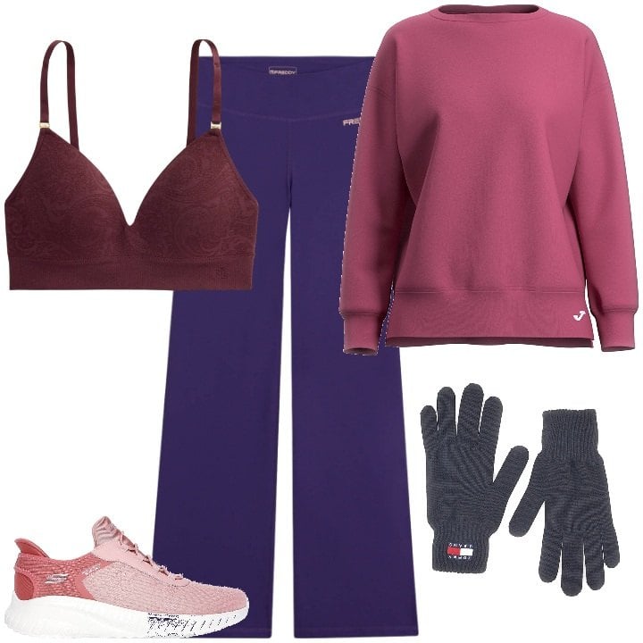 Outfit donna - Sporty. Stile Sporty chic per Sport. Abbinamento con reggiseni, leggings, felpe, sneakers, guanti.