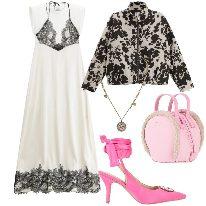 Outfit donna - Romantic, but make it Glam. Stile Glamour per Serata fuori. Abbinamento con zaini, décolleté, vestiti lunghi, bomber, ciondoli.