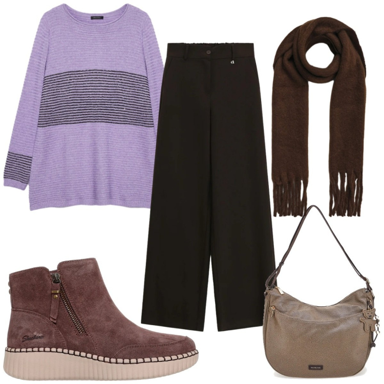 Outfit donna - Total look #2337953. Stile Trendy per Tutti i giorni. Abbinamento con sciarpe, maglieria, pantaloni a palazzo, borse a spalla, stivaletti.