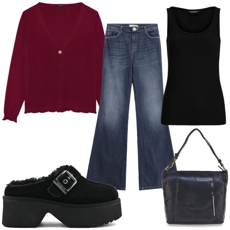 Outfit donna - Total look #2337954. Stile 70s per Tutti i giorni. Abbinamento con cardigans, jeans a zampa, canottiere, sabot, borse a spalla.