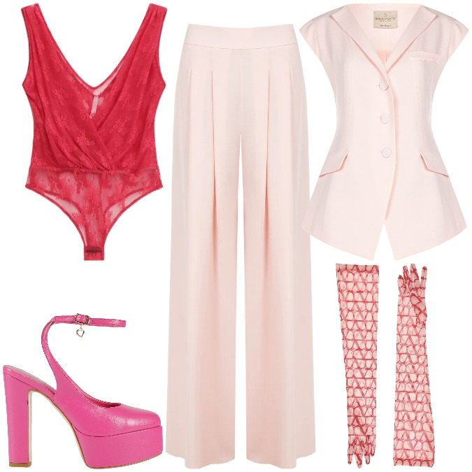 Outfit donna - Romantic, but make it Glam. Stile Glamour per Cerimonia. Abbinamento con décolleté, guanti, top, pantaloni a palazzo, gilet.