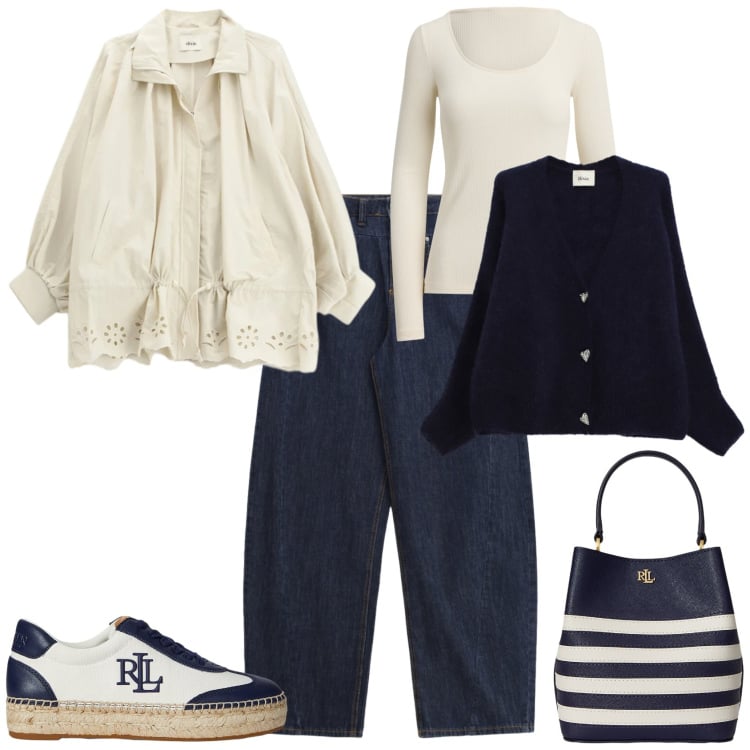 Outfit donna - Trendy week al mare o in città. Stile Trendy per Tutti i giorni. Abbinamento con parka, jeans, cardigans, sneakers, borse a secchiello, t-shirt.