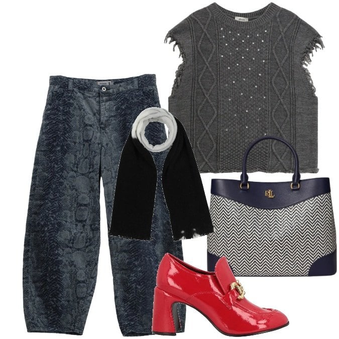 Outfit donna - Fuori con le amiche. Stile Casual chic per Serata fuori. Abbinamento con mocassini, sciarpe, maglieria, jeans, borse a mano.