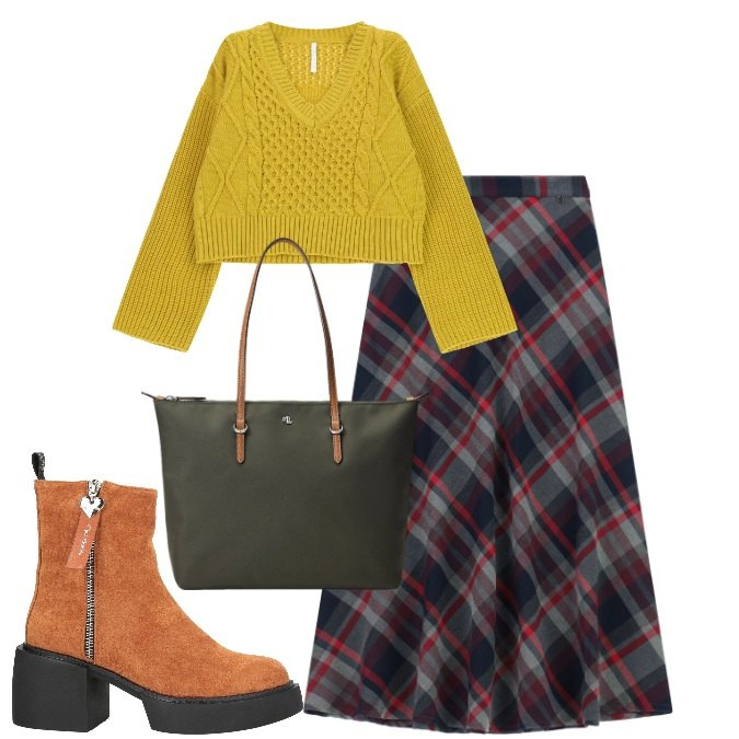 Outfit donna - Fine inverno. Stile Urban per Tutti i giorni. Abbinamento con stivaletti, maglieria, gonne lunghe, borse tote.