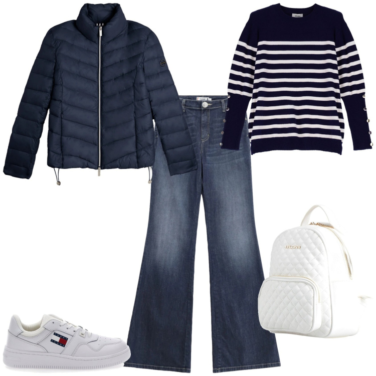 Outfit donna - Trendy week end fuori porta. Stile Trendy per Tutti i giorni. Abbinamento con zaini, maglieria, piumini, jeans a zampa, sneakers.
