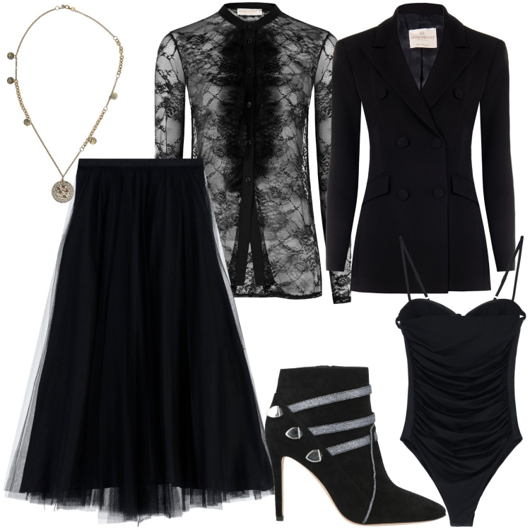 Outfit donna - Romantic, but make it glam. Stile Glamour per Serata fuori. Abbinamento con stivaletti, blazer, camicie, gonne lunghe, body, ciondoli.