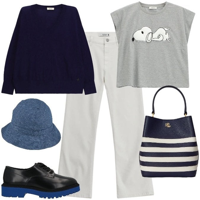 Outfit donna - Il tenero Snoopy. Stile Basic per Tutti i giorni. Abbinamento con scarpe stringate, cappelli, jeans, borse a secchiello, t-shirt, maglieria.