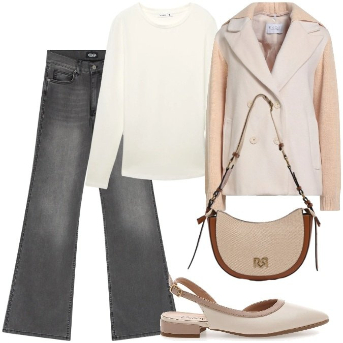 Outfit donna - Vento di primavera. Stile Basic per Tutti i giorni. Abbinamento con caban, t-shirt, jeans a zampa, borse a tracolla, ballerine.