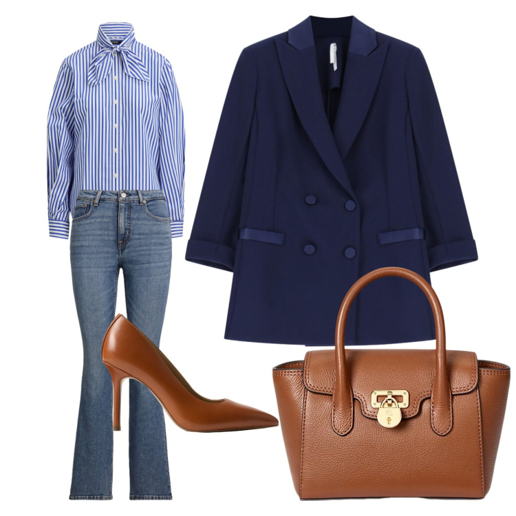 Outfit donna - In ufficio a primavera. Stile Casual chic per Ufficio. Abbinamento con blazer, borse a mano, camicie, décolleté, jeans bootcut.