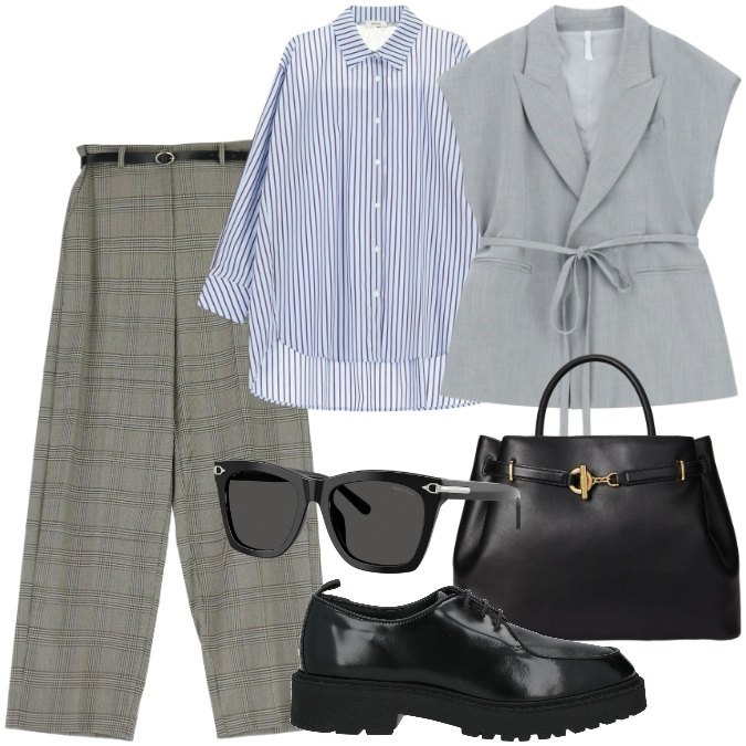 Outfit donna - Mannish. Stile Mannish per Ufficio. Abbinamento con scarpe stringate, pantaloni a palazzo, gilet, camicie, occhiali da sole, borse a mano.