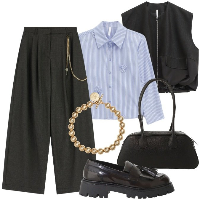 Outfit donna - Mannish. Stile Mannish per Tutti i giorni. Abbinamento con camicie, gilet, pantaloni a palazzo, mocassini, borse a mano, braccialetti.