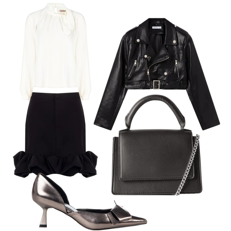 Outfit donna - Serata universitaria. Stile Casual chic per Serata fuori. Abbinamento con borse a tracolla, giacche, minigonne, bluse, décolleté.