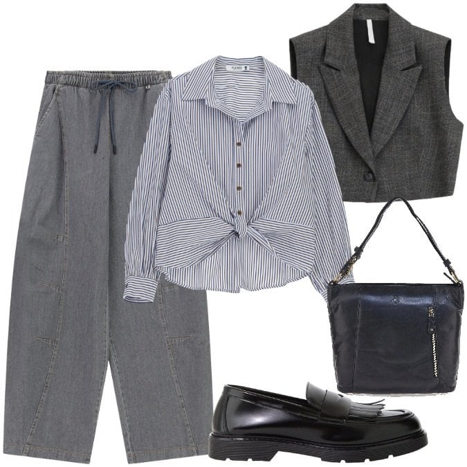 Outfit donna - Mannish rilassato. Stile Mannish per Ufficio. Abbinamento con camicie, gilet, pantaloni a palazzo, mocassini, borse a spalla.