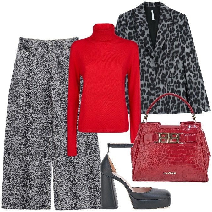 Outfit donna - Mix animalier in città. Stile Trendy per Tutti i giorni. Abbinamento con blazer, pantaloni, maglieria, scarpe col tacco, borse a mano.