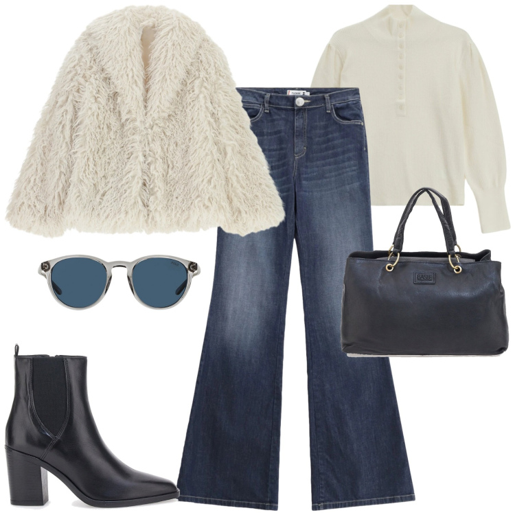 Outfit donna - City. Stile Casual chic per Tutti i giorni. Abbinamento con maglieria, ecopellicce, jeans a zampa, occhiali da sole, borse a mano, stivaletti.