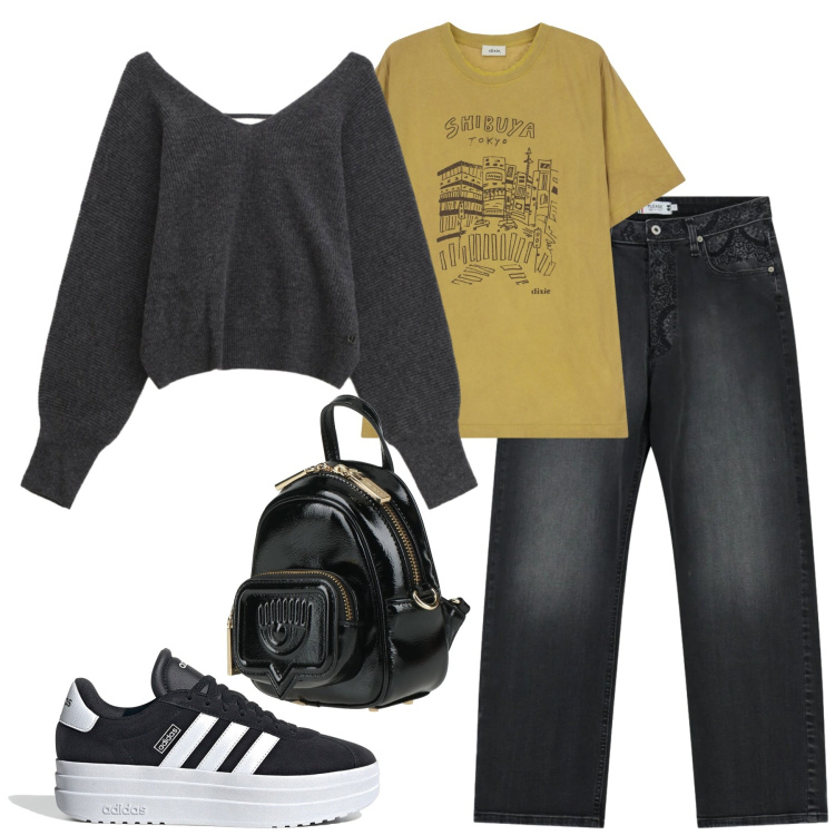 Outfit donna - Febbraio. Stile Casual per Tutti i giorni. Abbinamento con zaini, maglieria, t-shirt, jeans dritti, sneakers.