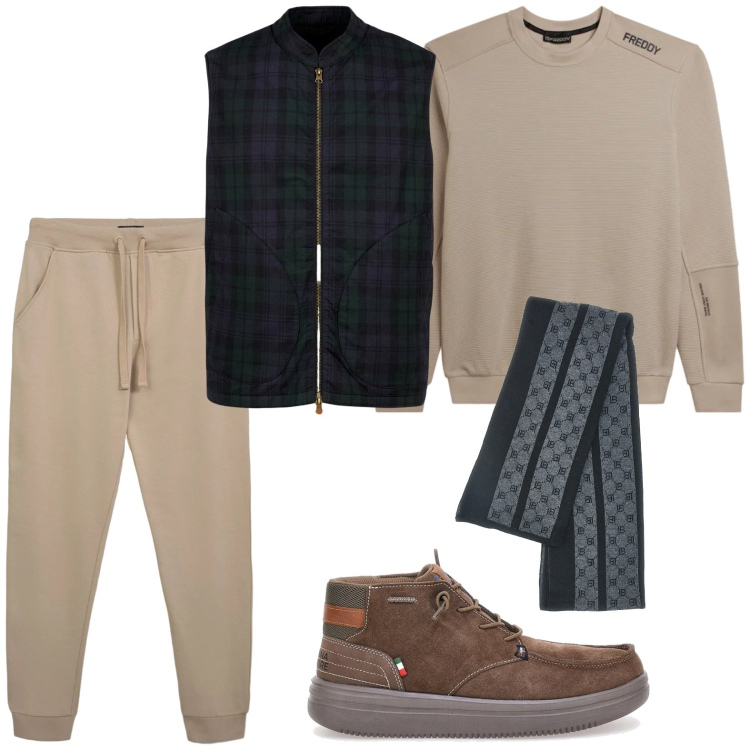 Outfit uomo - Sporty chic. Stile Trendy per Tutti i giorni. Abbinamento con pantaloni, felpe, piumini, sciarpe, stivali e stivaletti.