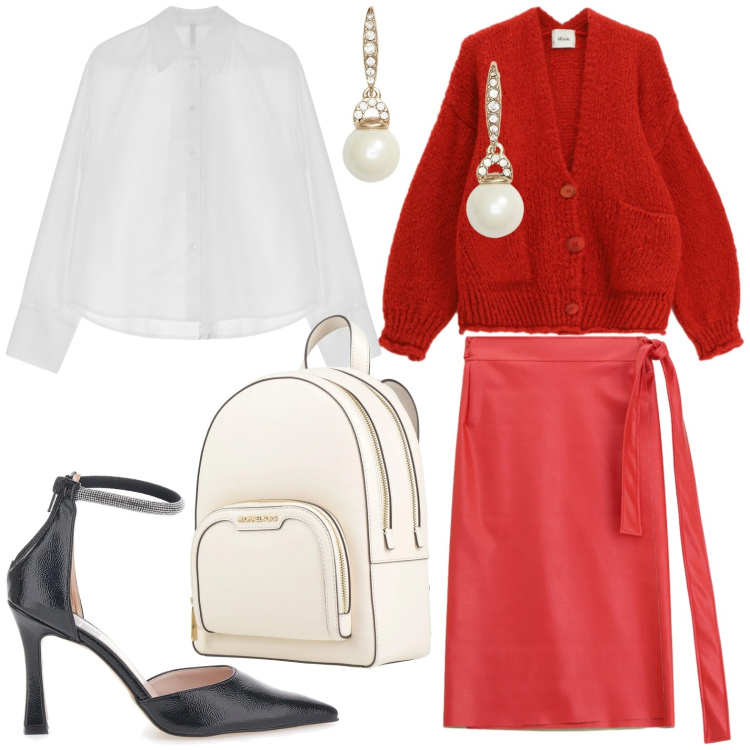 Outfit donna - Rossocuore a febbraio. Stile Minimal per Serata fuori. Abbinamento con zaini, camicie, cardigans, gonne longuette, orecchini, décolleté.