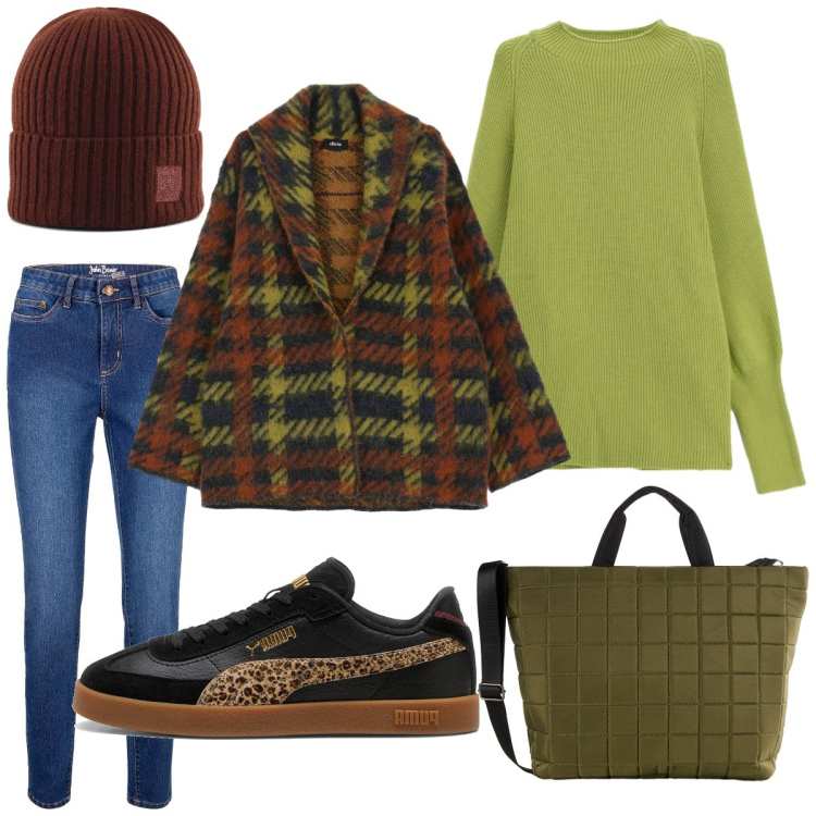 Outfit donna - Studentessa universitaria. Stile Casual per Scuola/Università. Abbinamento con jeans skinny, shopping bag, maglieria, cappotti, sneakers, berretti.