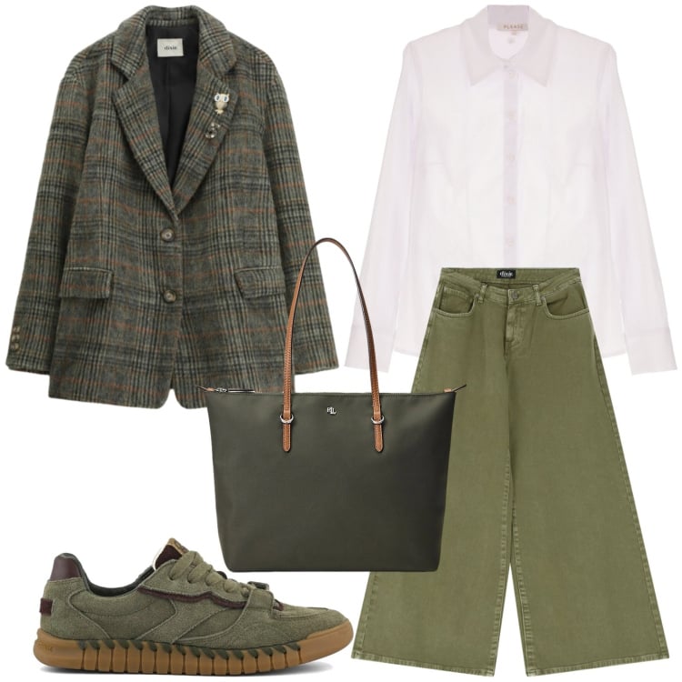 Outfit donna - Stile British in tendenza. Stile Minimal per Tutti i giorni. Abbinamento con camicie, pantaloni a palazzo, blazer, borse tote, sneakers.