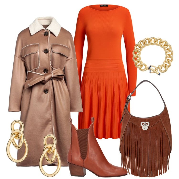 Outfit donna - Total look #2338009. Stile Bon Ton per Serata fuori. Abbinamento con stivaletti chelsea, cappotti, vestiti, orecchini, braccialetti, borse a tracolla.