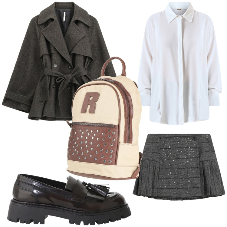 Outfit donna - Stile British in tendenza. Stile Minimal per Tutti i giorni. Abbinamento con zaini, caban, mocassini, minigonne, camicie.