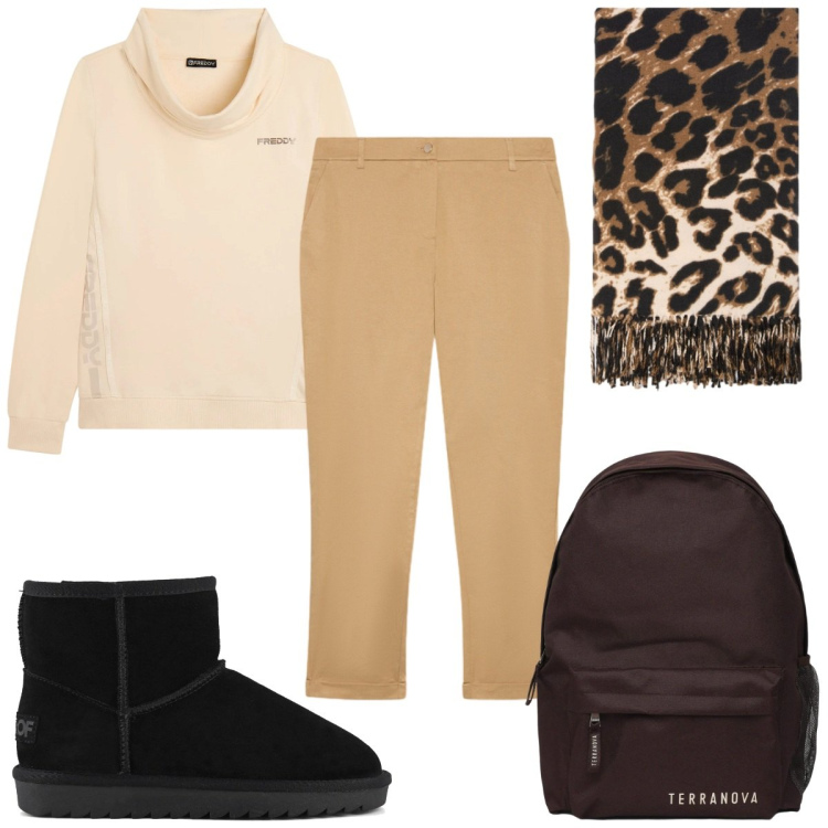 Outfit donna - Total look #2338012. Stile Casual per Tutti i giorni. Abbinamento con pantaloni chino, sciarpe, zaini, felpe, stivali.