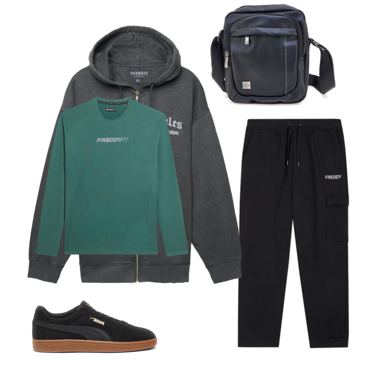 Outfit uomo - Emerald Forest & Stealth Tech. Stile Casual per Tutti i giorni. Abbinamento con felpe con cappuccio, pantaloni cargo, t-shirt, sneakers, borse sportive.