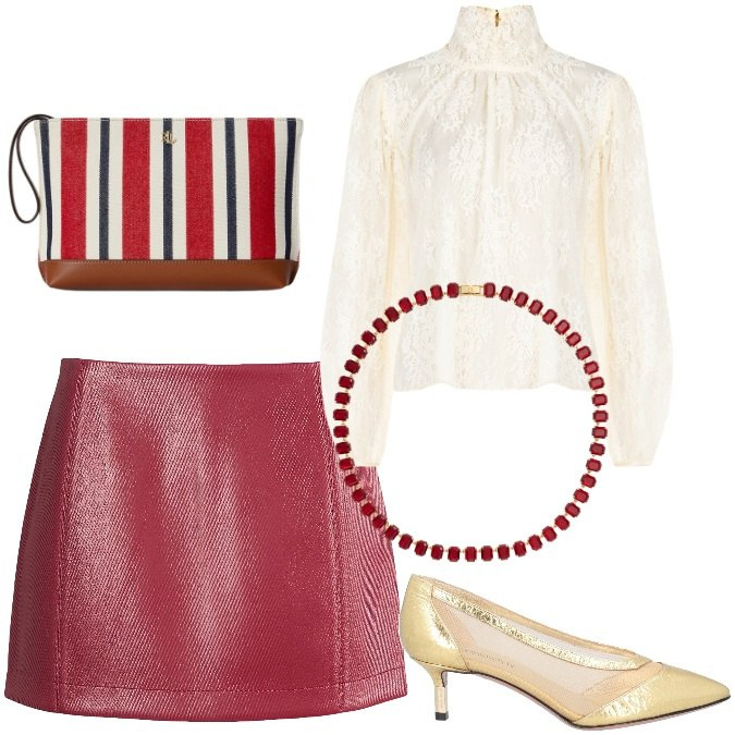 Outfit donna - Valentine\'s day time. Stile Chic per Serata fuori. Abbinamento con décolleté, minigonne, bluse, collane, pochette.