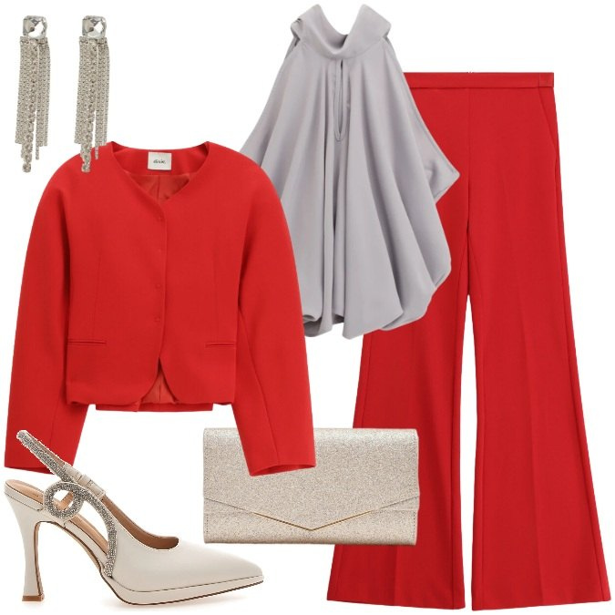 Outfit donna - Valentine\'s day time. Stile Sexy per Serata fuori. Abbinamento con pantaloni, top, orecchini, blazer, clutch, décolleté.
