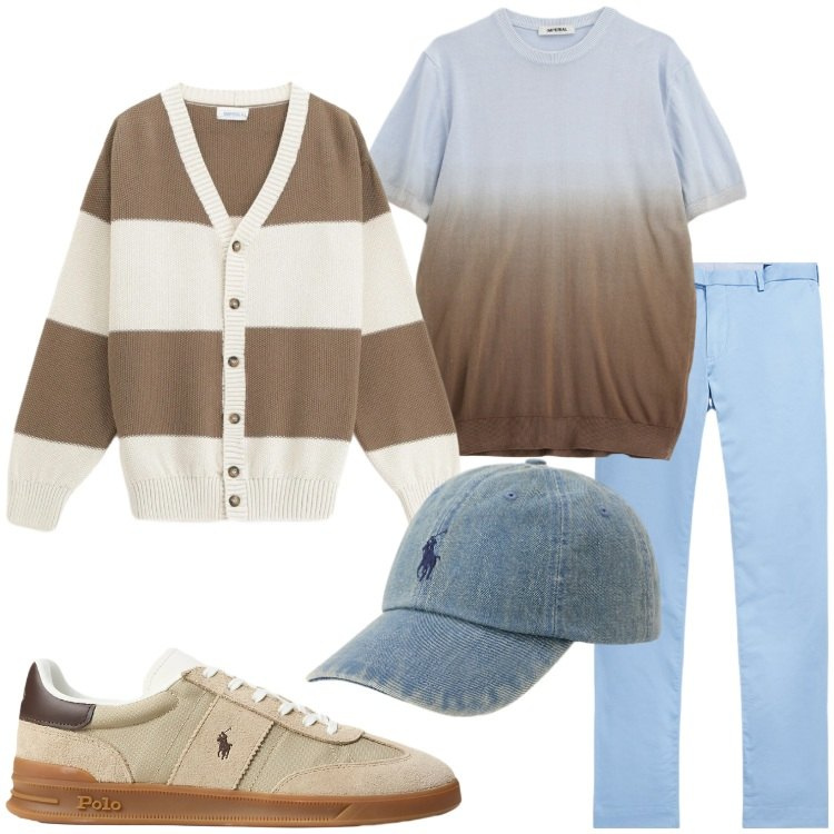 Outfit uomo - I colori della primavera. Stile Casual per Tutti i giorni. Abbinamento con cardigans, t-shirt, pantaloni, sneakers, cappelli con visiera.