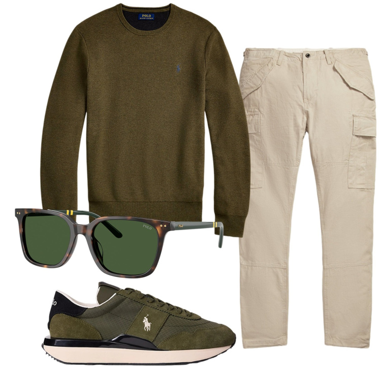 Outfit uomo - Total look #2338023. Stile Casual per Ufficio. Abbinamento con maglieria, sneakers, occhiali da sole, pantaloni cargo.
