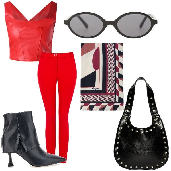 Outfit donna - rossocuore. Stile Glamour per Tutti i giorni. Abbinamento con borse a spalla, foulard, pantaloni, top, occhiali da sole, stivaletti.