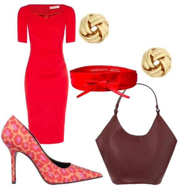 Outfit donna - rosso cuore per San Valentino. Stile Romantica per Serata fuori. Abbinamento con décolleté, borse a spalla, cinture, vestiti a tubino, orecchini.
