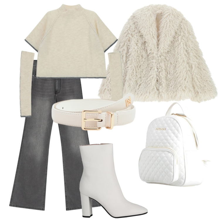 Outfit donna - Total look #2338028. Stile Glamour per Ufficio. Abbinamento con zaini, stivaletti, ecopellicce, maglieria, jeans a zampa, cinture.