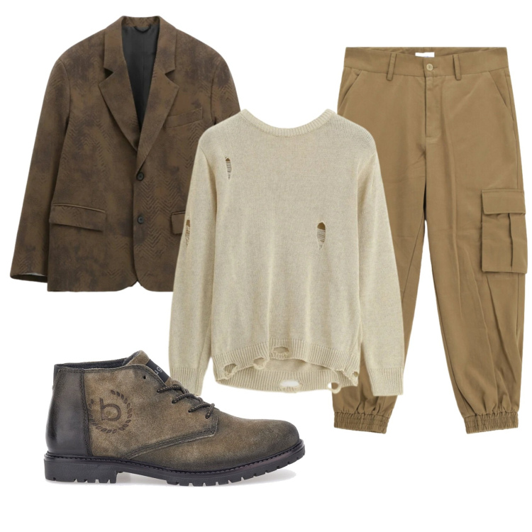 Outfit uomo - Total look #2338030. Stile Trendy per Tutti i giorni. Abbinamento con giacche, pantaloni cargo, maglieria, scarpe stringate.